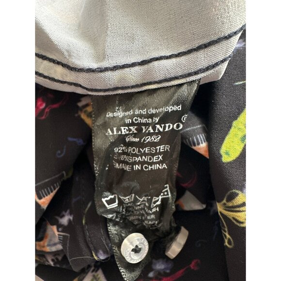 Alex Vando Instruments Button Up Black Shirt Musical Flip Over Print Cuff XXL - Picture 7 of 7